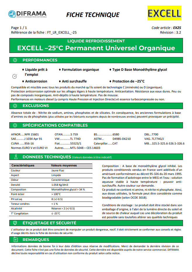 Liquide de refroidissement jaune -25°C EX25005